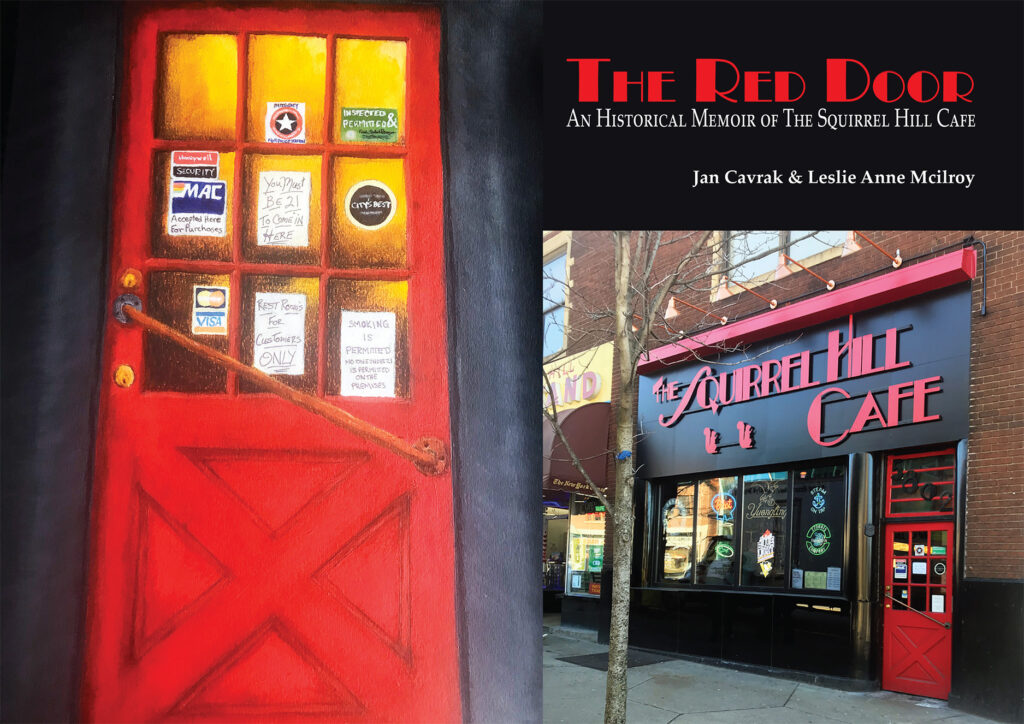 The Red Door Book Cover featuring a red door with stickers and notes on it, next to Cafe photo next to it.