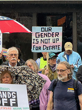 Protest sign at Hands Off Pittsburgh Rally reading: Our Gender Is Not Up for Debate